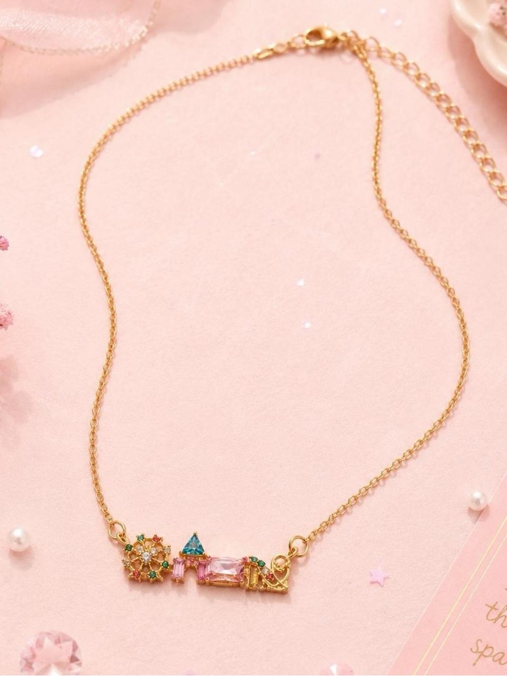 Theme Park Whimsical Gold Tone Multicolor Crystal Bar Necklace